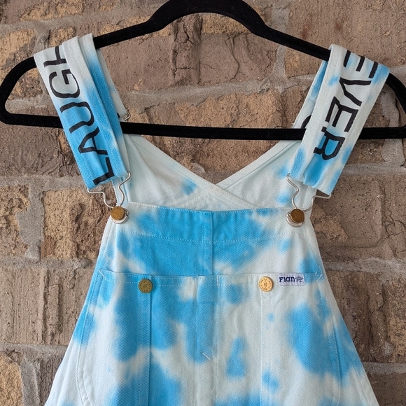 Flan Labs Aqua Blue White Tie Dye Overalls Size XS Forever Laughing at Nothing - Picture 2 of 9